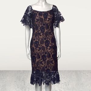 Jovani Off Shoulder Blue Lace MIDI Dress